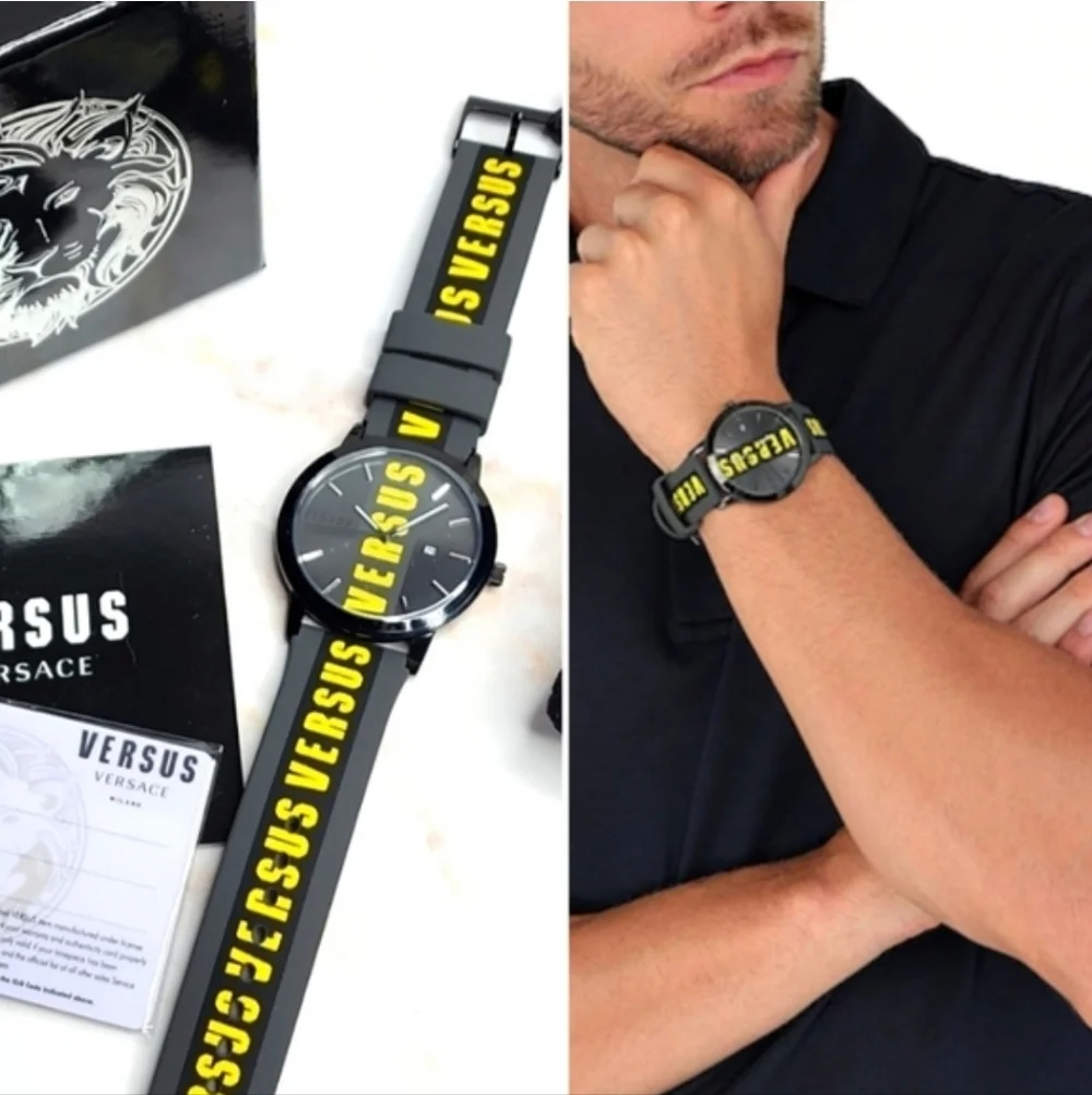 Versus Versace Mens Black & Yellow Logo Strap Watch New